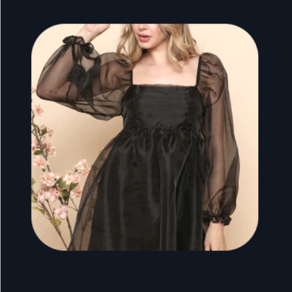 New Black Organza Puff Sleeve Dress